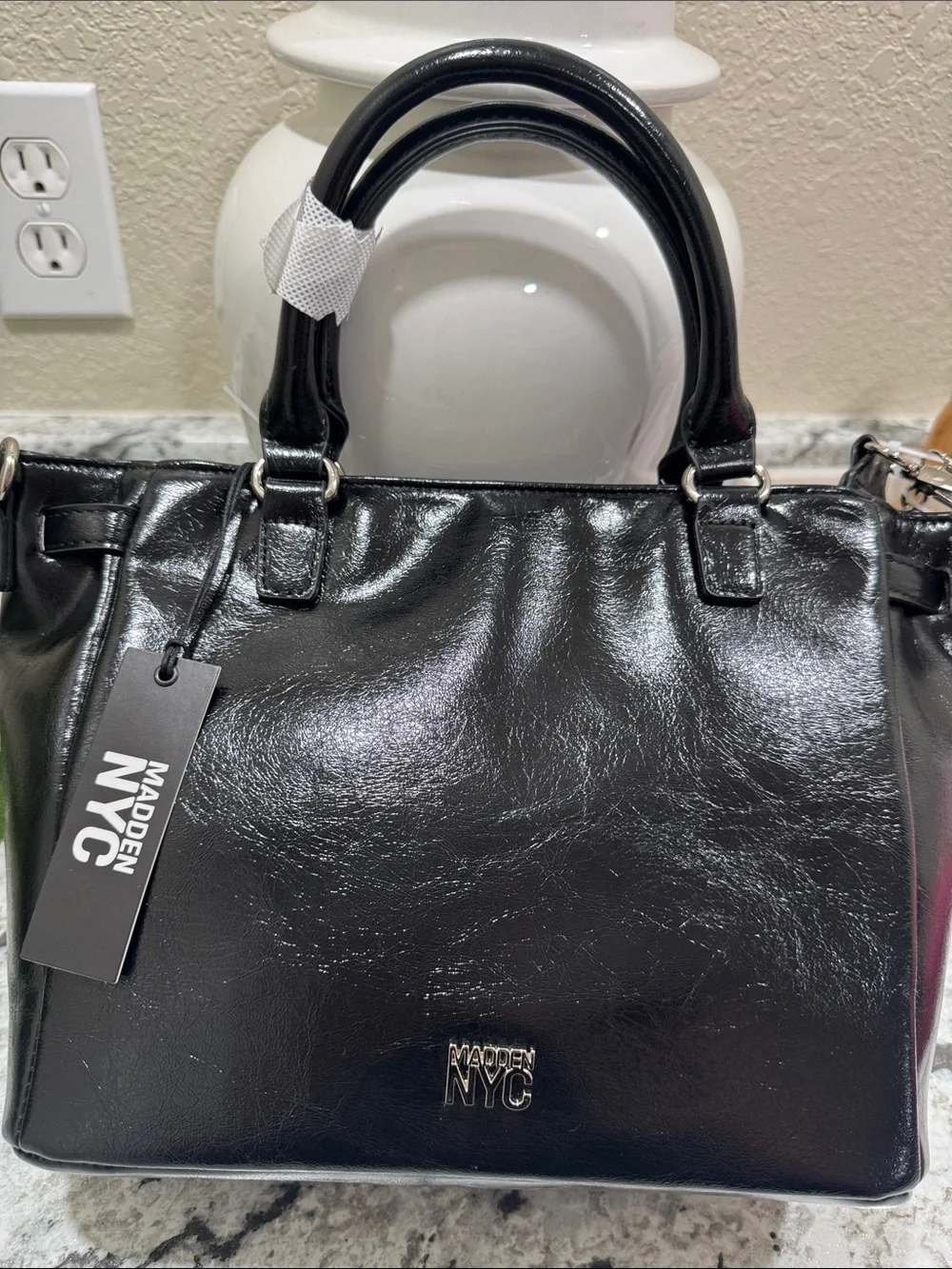 Kids Black Patent Handbag with Colorful Tassel Charms and White Bunny Pom
